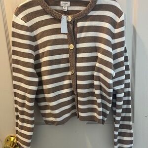 J. Crew Brown and White Striped Cropped Cardigan